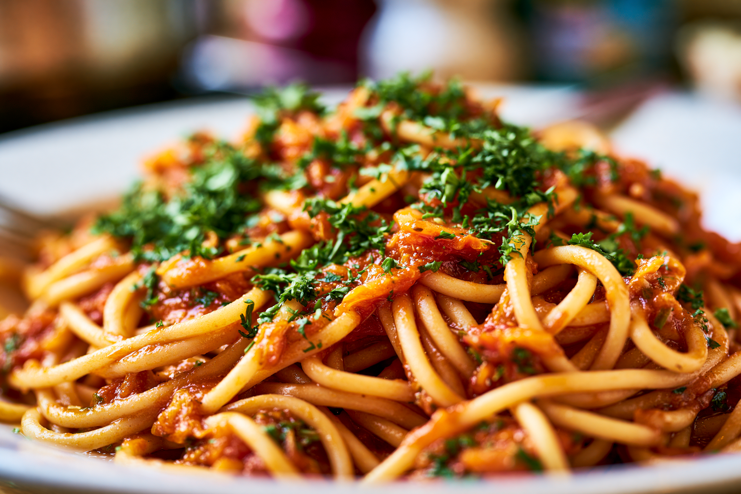 A close-up photograph of a pasta dish with a speedy, vibrant sauce. The sauce is clinging to the noodles, and there are fresh herbs sprinkled on top. The background is slightly blurred, showing a kitchen setting.