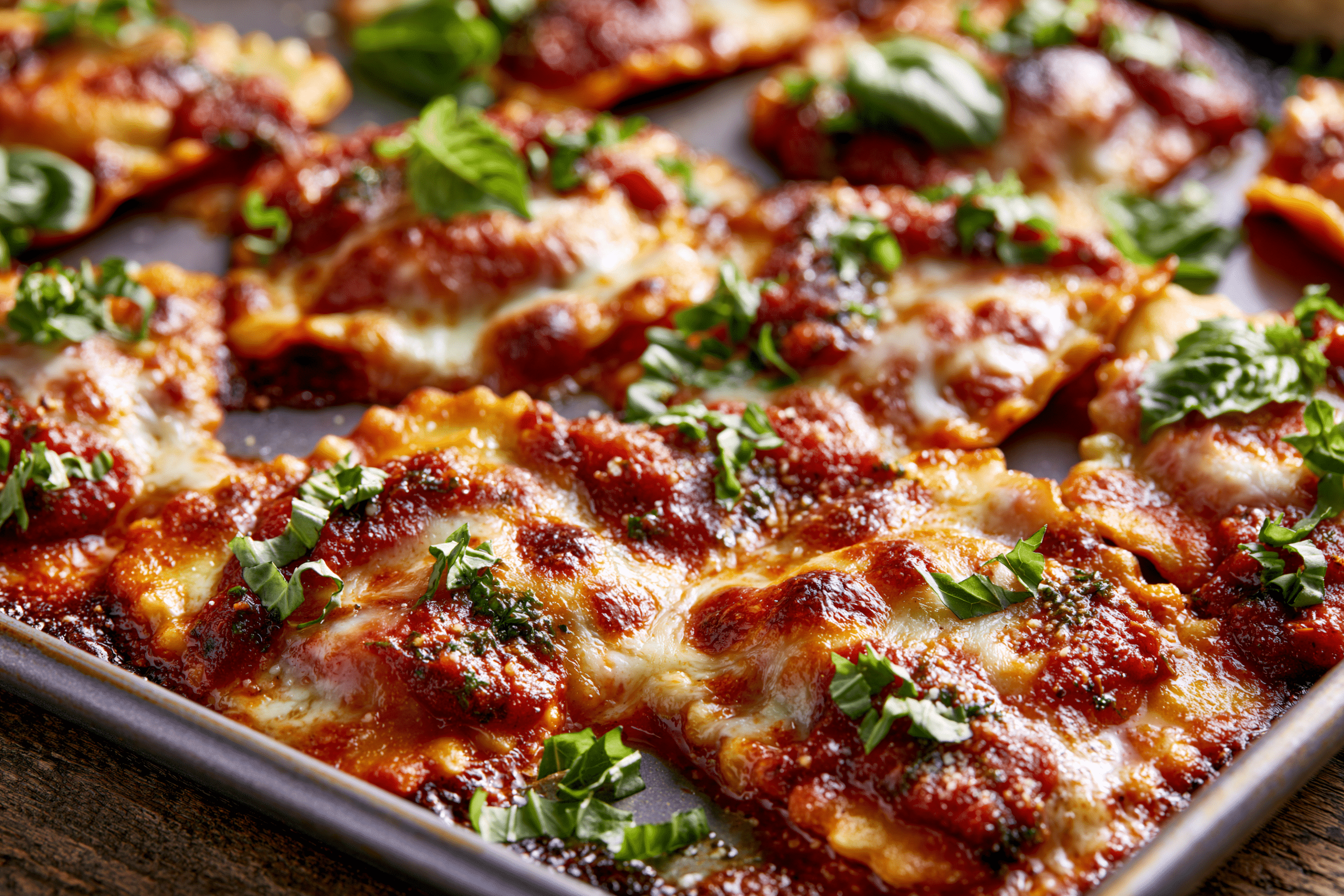 A close-up photograph of a sheet pan filled with golden-brown baked ravioli, topped with melted cheese, marinara sauce, and fresh basil leaves, hot out of the oven.