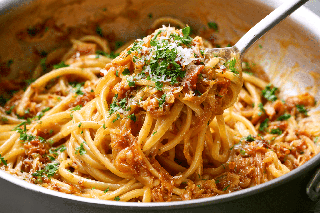 A close-up photograph of one-pan caramelized onion pasta being served, showing the golden-brown onions, pasta strands, and melted cheese, with a sprinkle of fresh herbs.