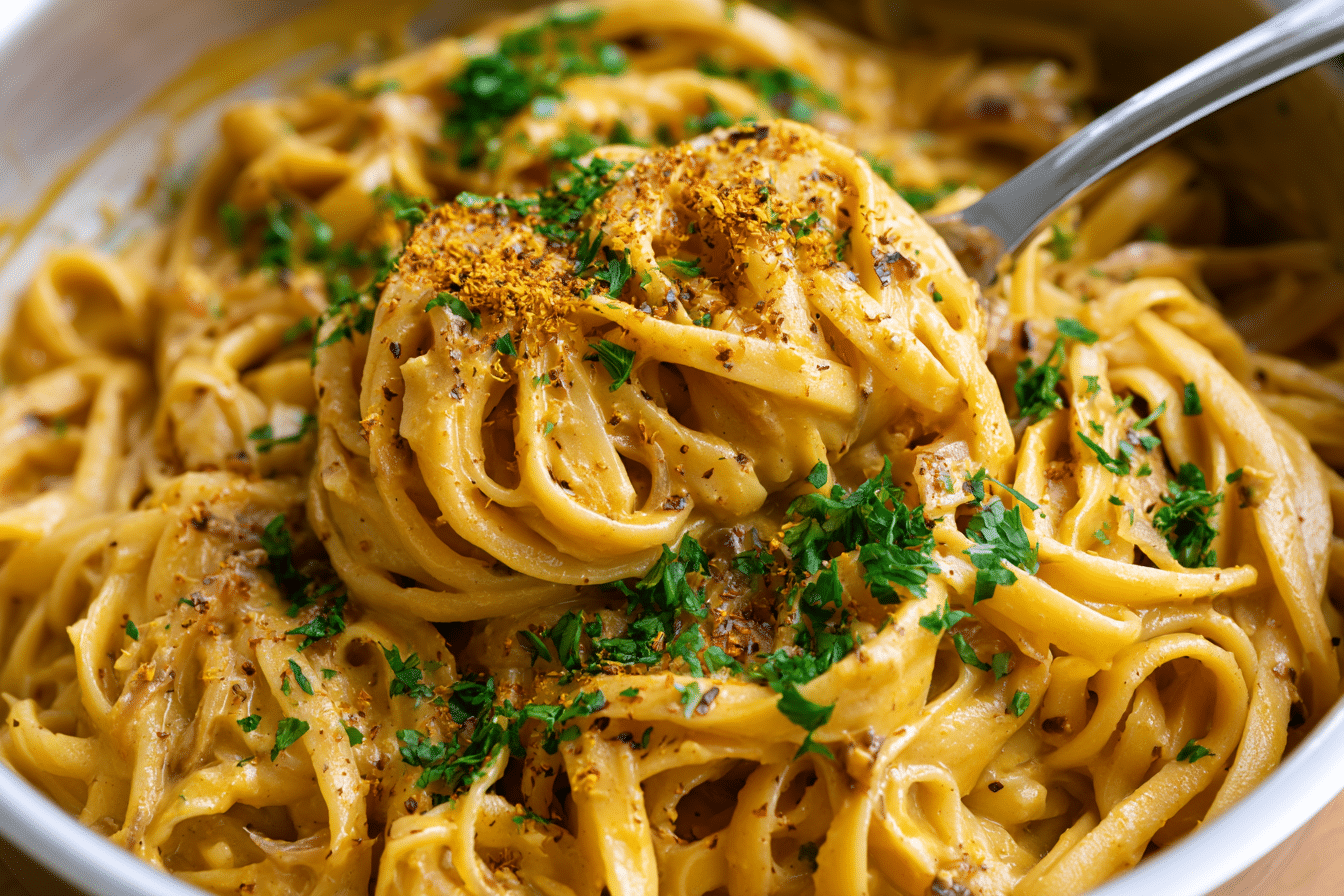 A close-up shot of a vegan one-pan caramelized onion pasta dish, featuring plant-based creamy sauce and nutritional flakes, garnished with fresh herbs.