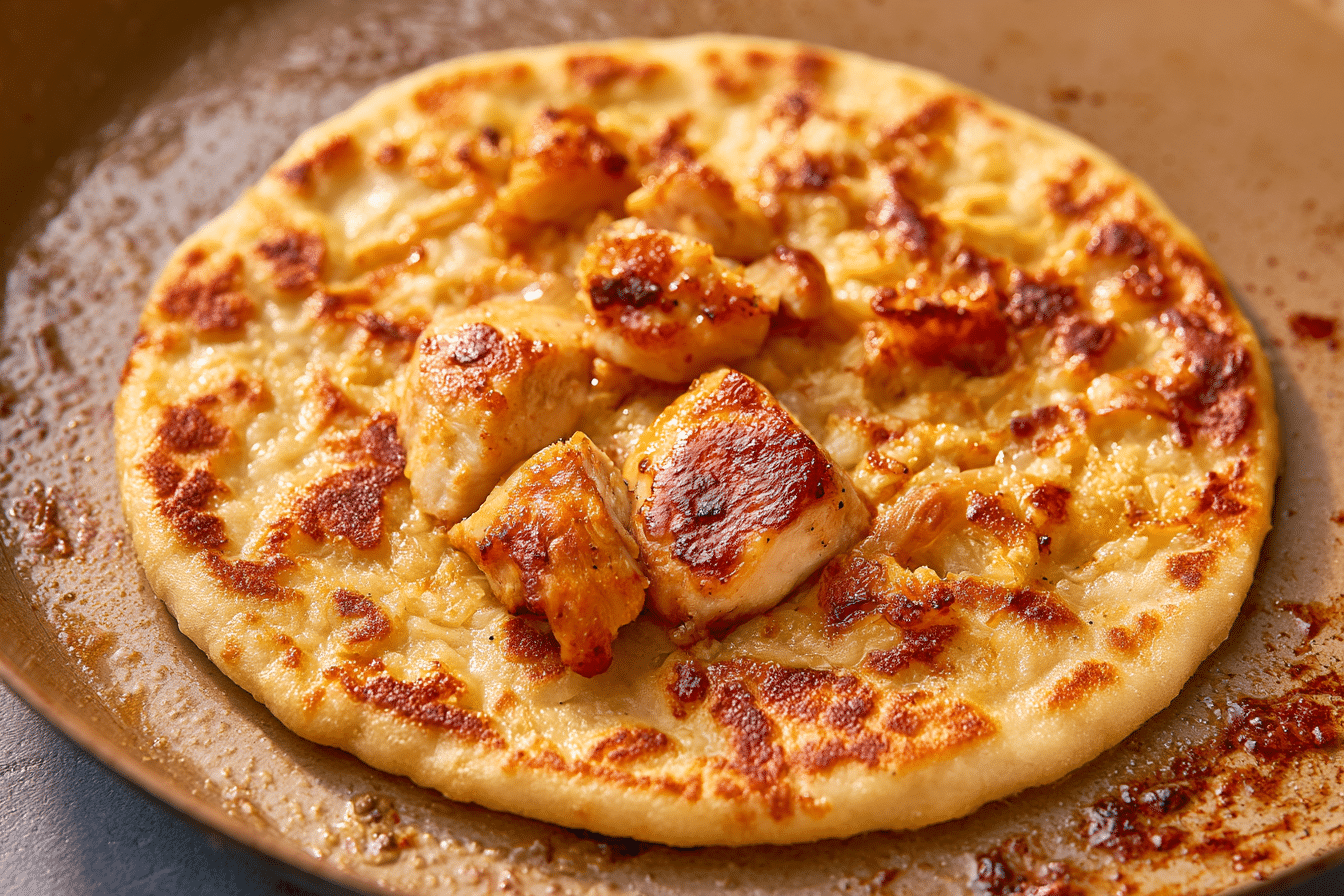 A close-up shot of a well-browned and crispy chicken Caesar smash taco, showcasing the golden flatbread and seared chicken, ready to be filled.