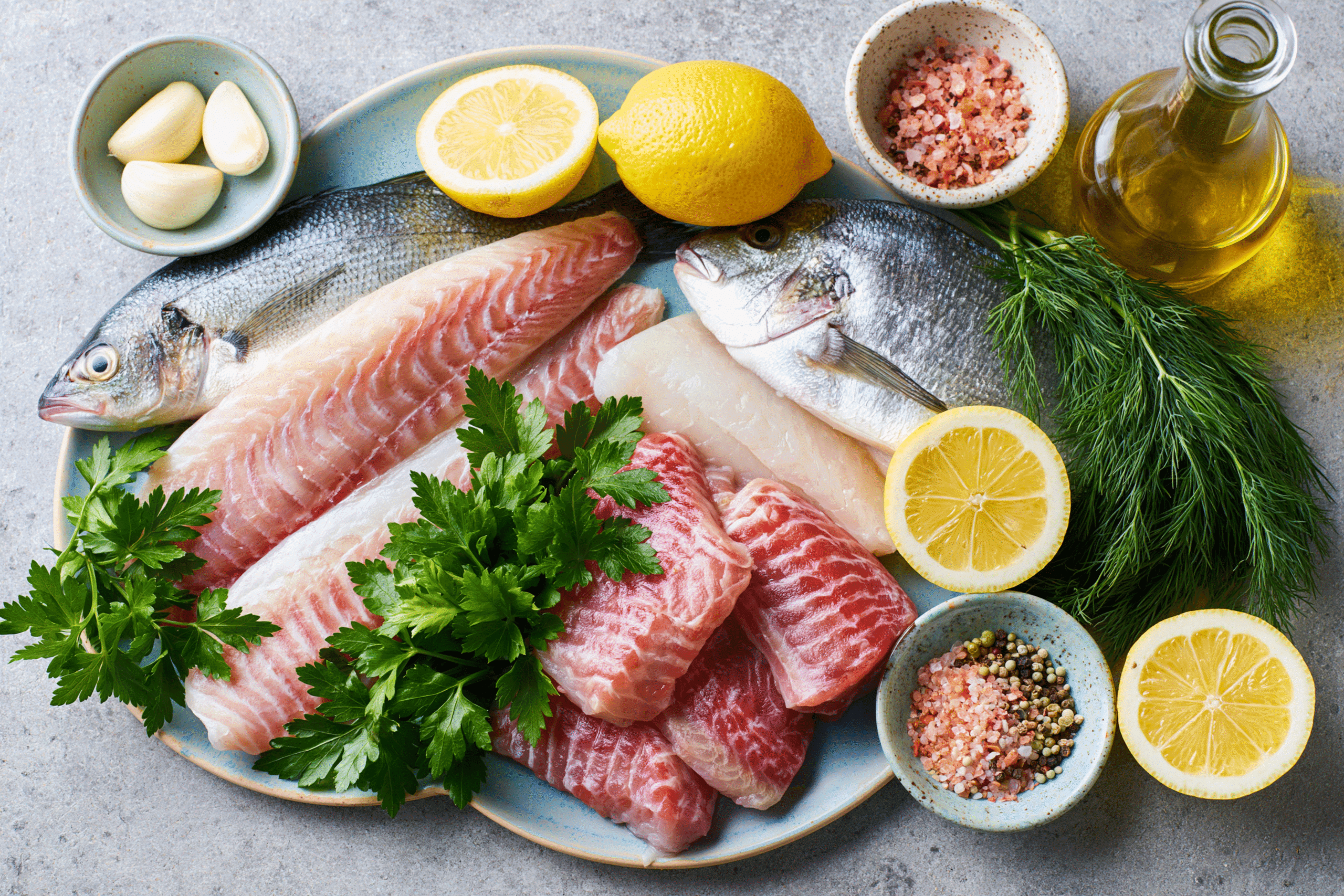 A collection of fresh ingredients for cooking fish, including various types of fish fillets, lemons, fresh herbs like parsley and dill, a bottle of olive oil, and basic seasonings, arranged neatly on a kitchen counter.