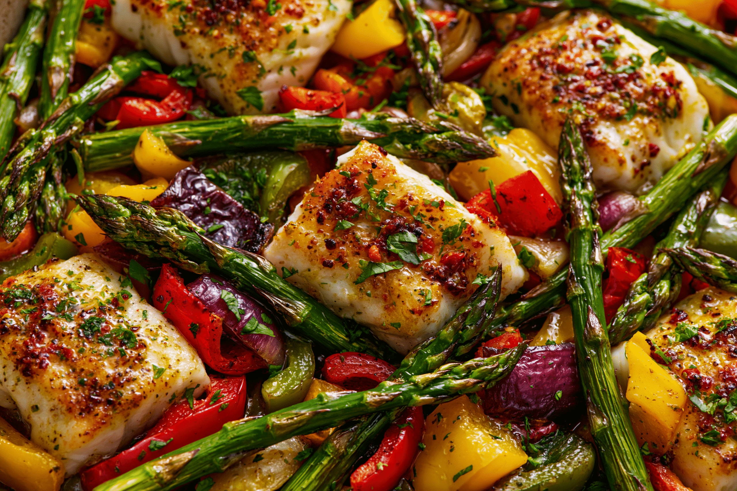 A delicious one-pan fish dish with various colorful vegetables like bell peppers and asparagus, cooked and ready to eat, with minimal cleanup implied.