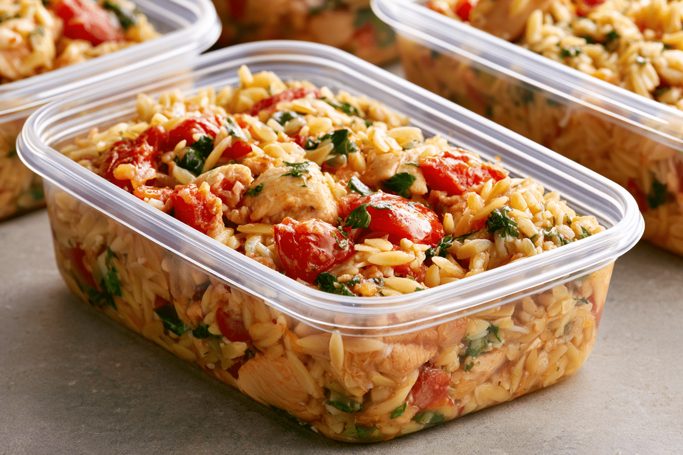 A neatly organized meal prep container filled with Marry Me Chicken Orzo, ready for refrigeration, with other containers in the background.