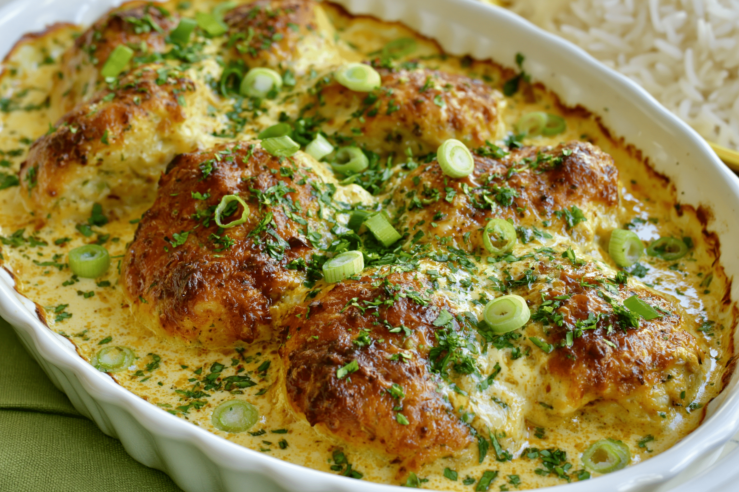A perfectly baked Coconut-Lime Dumpling Bake, golden brown dumplings in a creamy sauce, garnished with fresh herbs and sliced green onions, with a side of steamed rice.