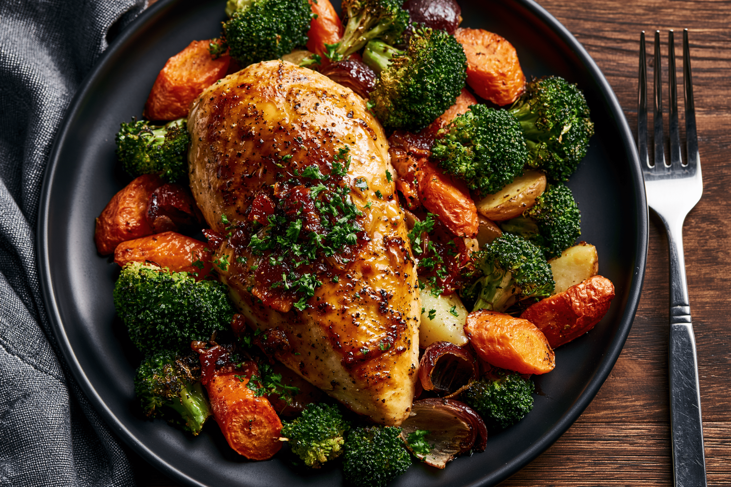 A perfectly cooked, golden-brown chicken breast served on a plate with vibrant roasted vegetables like broccoli and carrots, ready for a single diner.