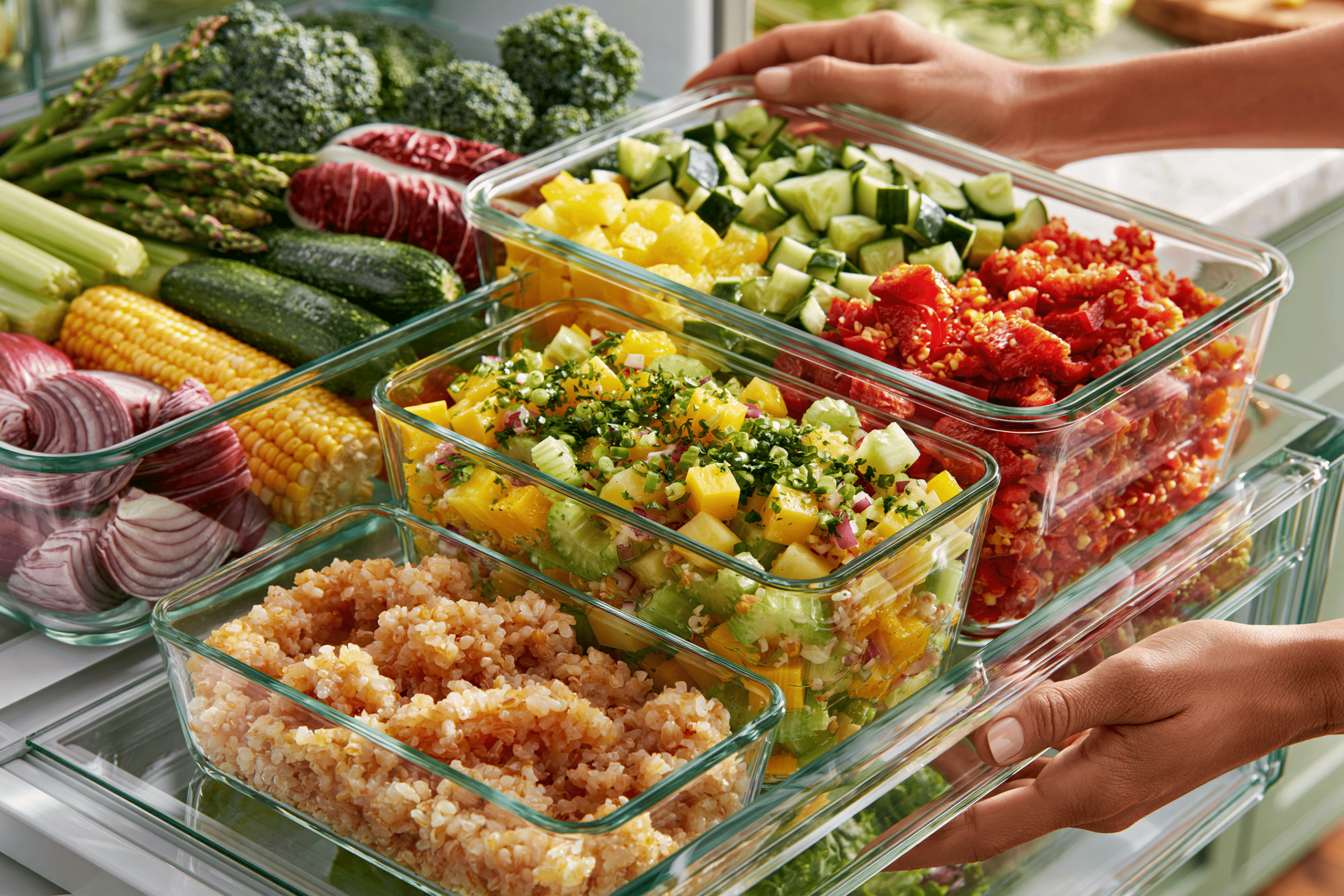 A person organizing pre-chopped fresh produce and cooked grains in glass containers in a refrigerator, demonstrating smart food preparation for busy evenings.