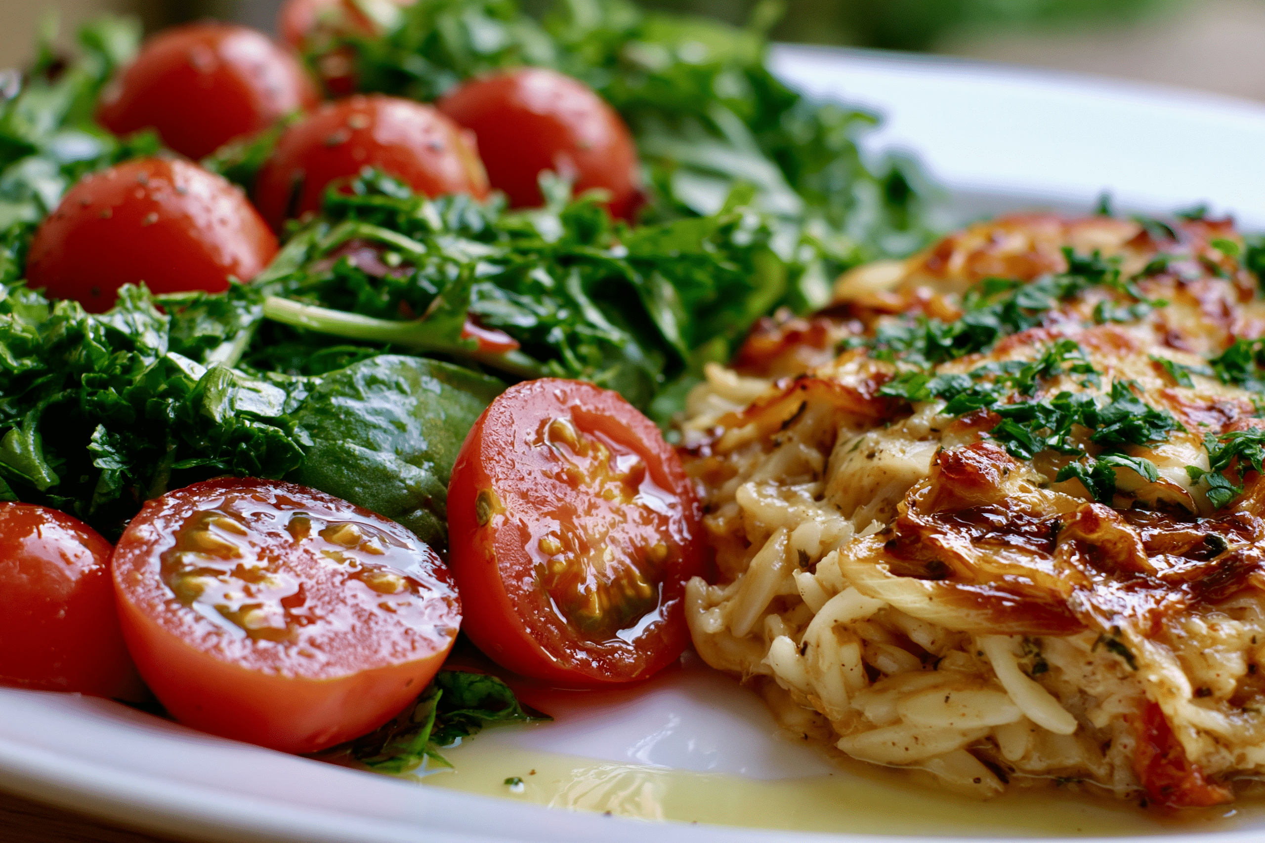 A side dish of fresh, vibrant green salad with cherry tomatoes and a light vinaigrette, next to a portion of French Onion Chicken Orzo Casserole.