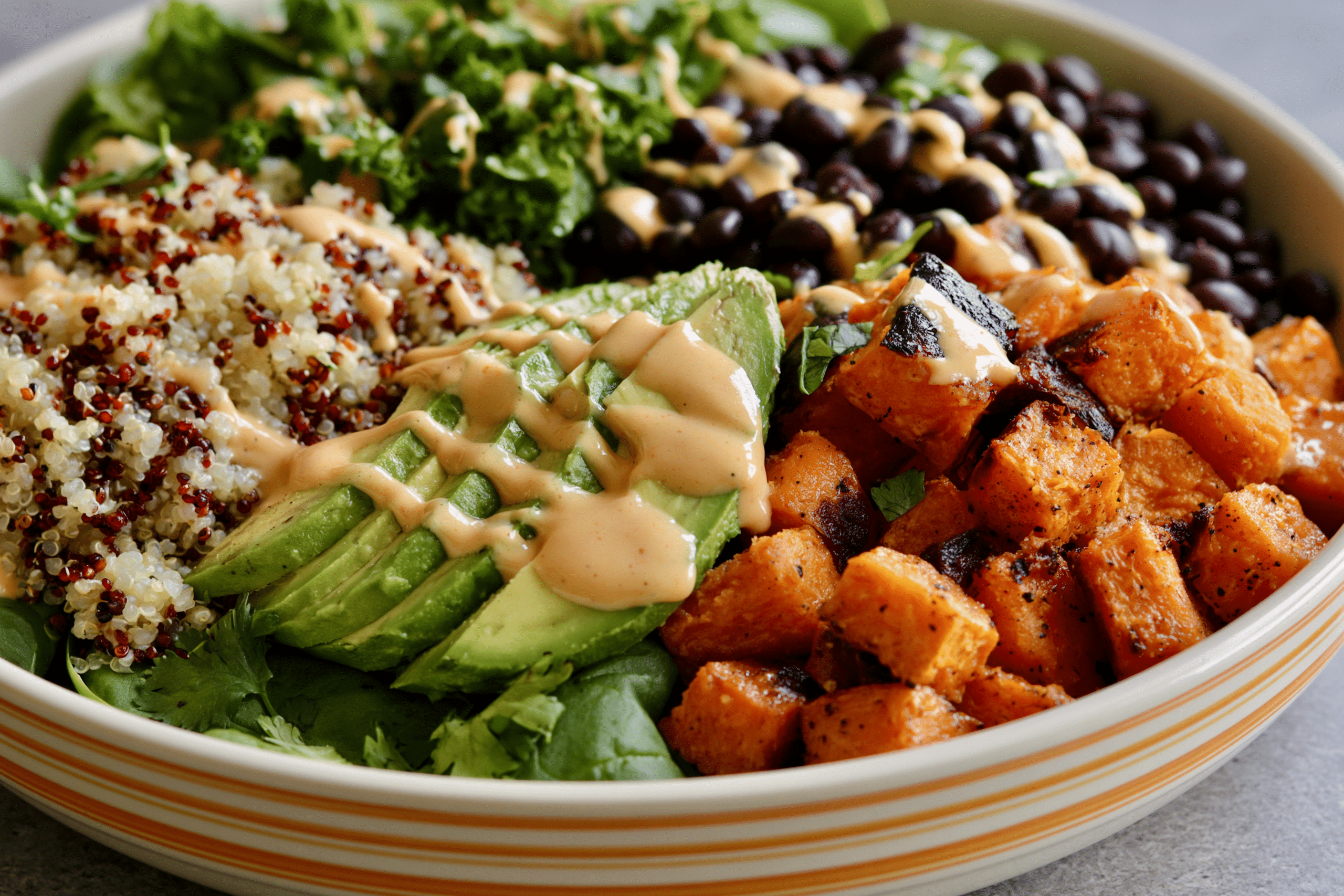 A vibrant vegan buddha bowl filled with quinoa, roasted sweet potatoes, avocado, black beans, and leafy greens, with a light dressing drizzled over it.