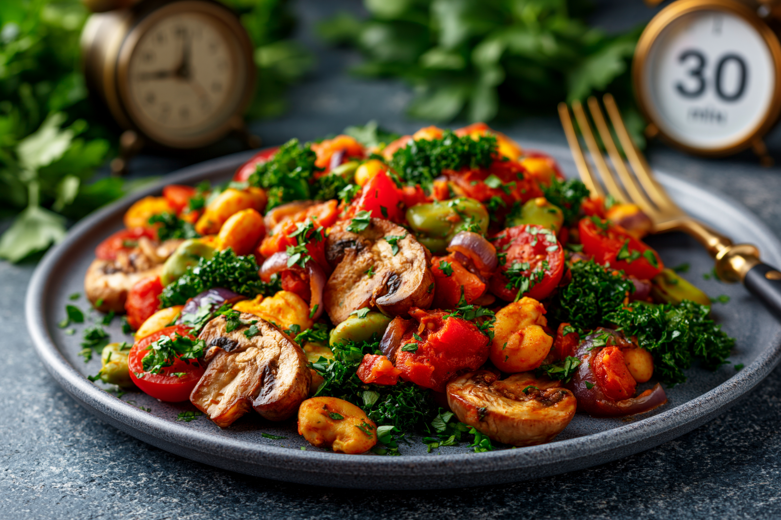 A vibrant vegan meal prepared and served on a plate, looking fresh and appetizing, with a clock showing under 30 minutes in the background.