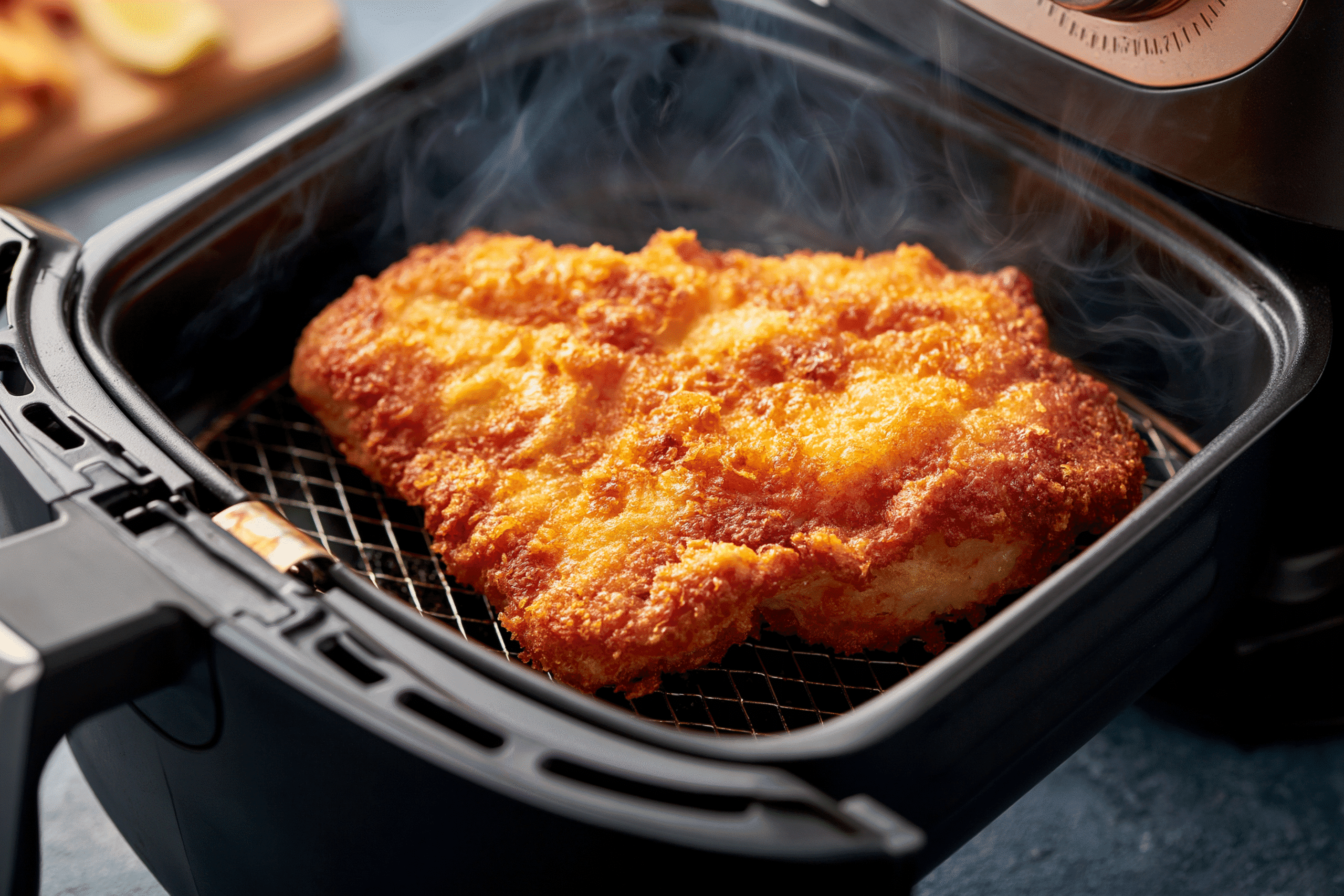 An air fryer cooking fish, with the basket slightly pulled out to show a perfectly golden-brown piece of fish inside, surrounded by a light steam. The background is a clean kitchen counter.