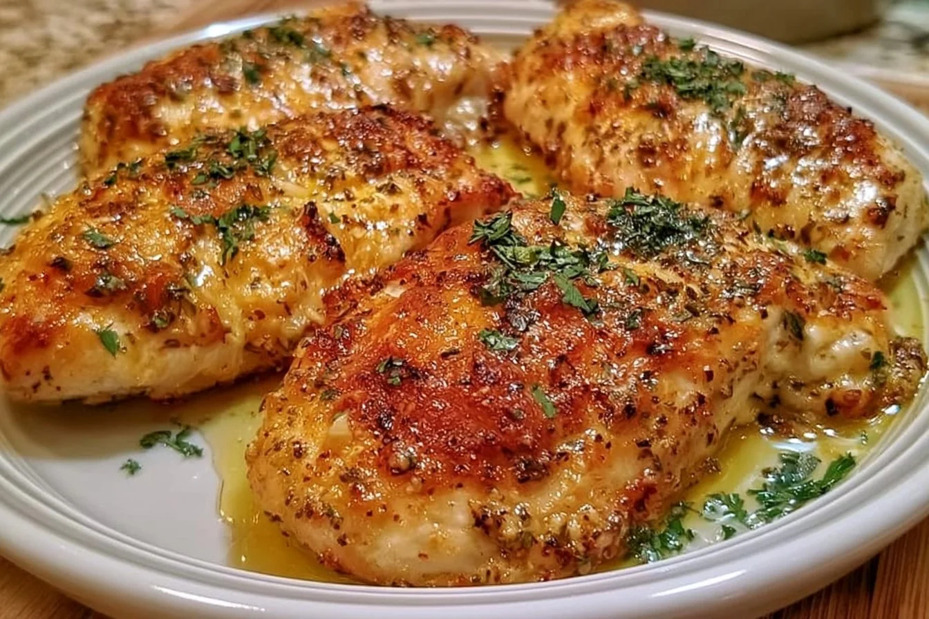 Baked butterfly chicken breast served on a plate with vegetables