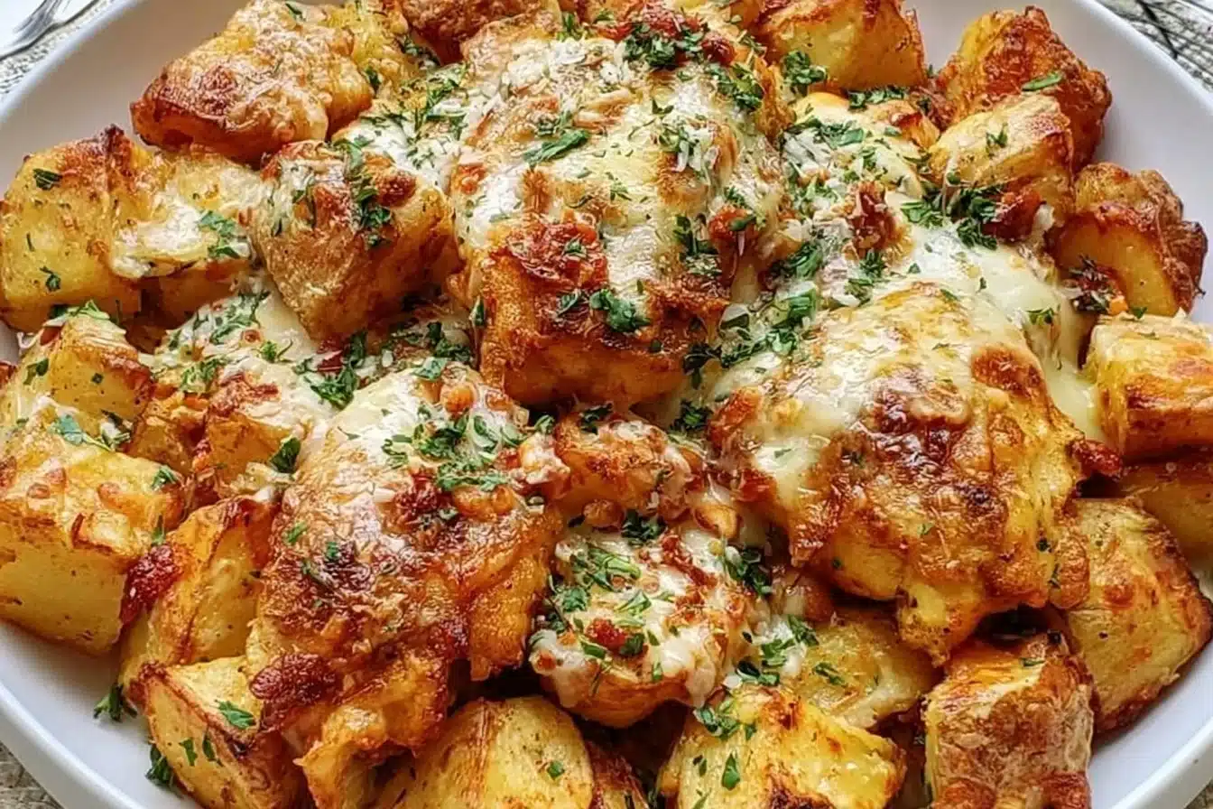 Baked garlic parmesan chicken served with roasted potatoes