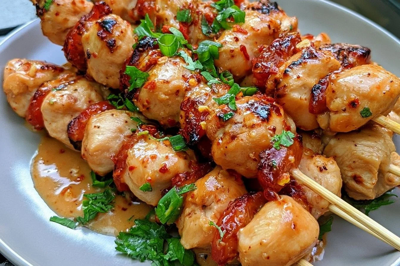 Delicious Bang Bang Chicken Skewers ready to be served