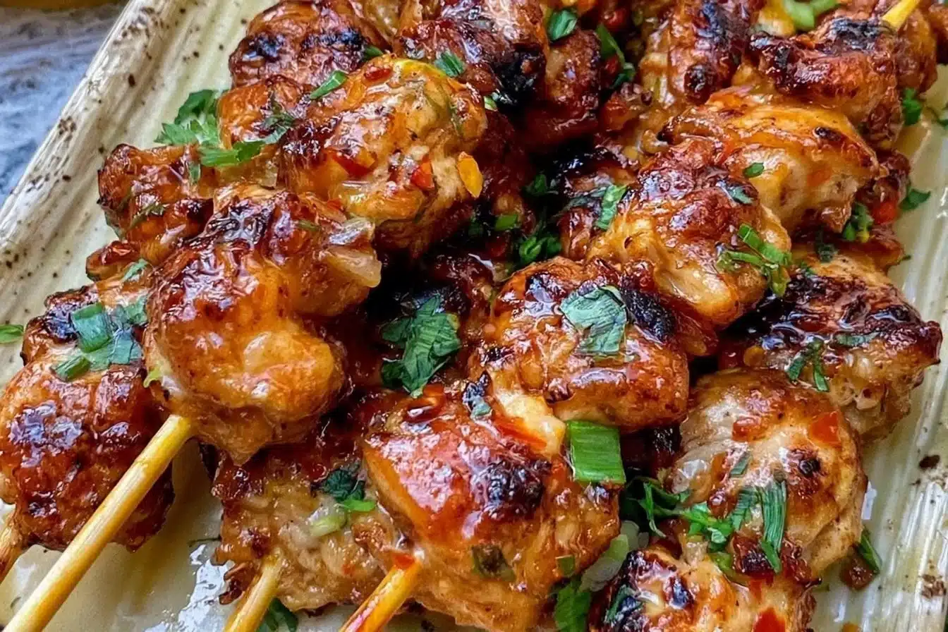 Delicious Bang Bang Chicken skewers ready to serve, quick 30-minute recipe.