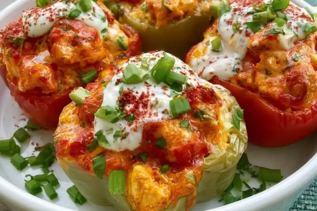 Buffalo chicken stuffed bell peppers ready to serve for dinner