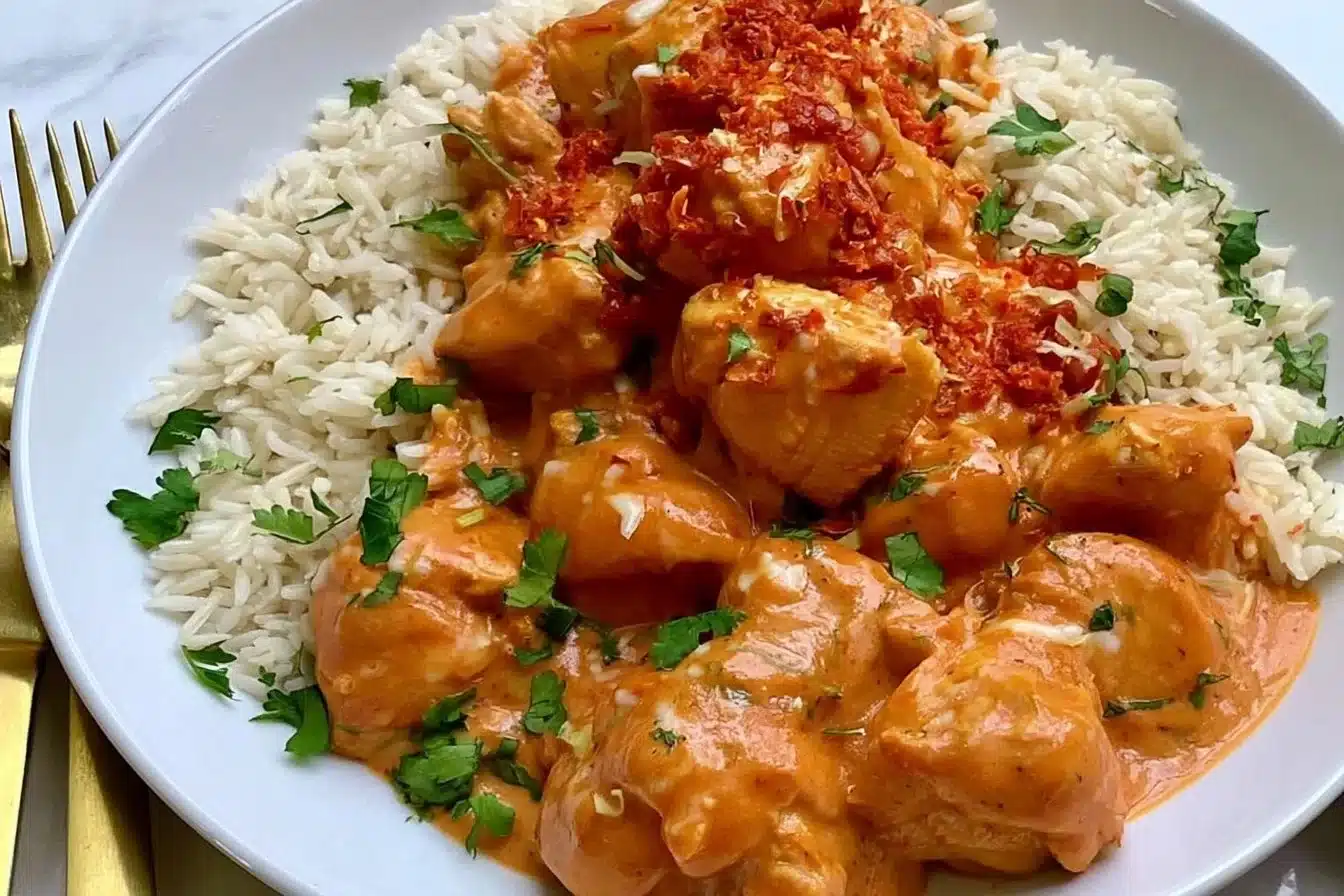 A plate of creamy butter chicken garnished with cilantro and served with naan bread.