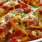 Cheesy baked chicken breast with colorful peppers on a plate