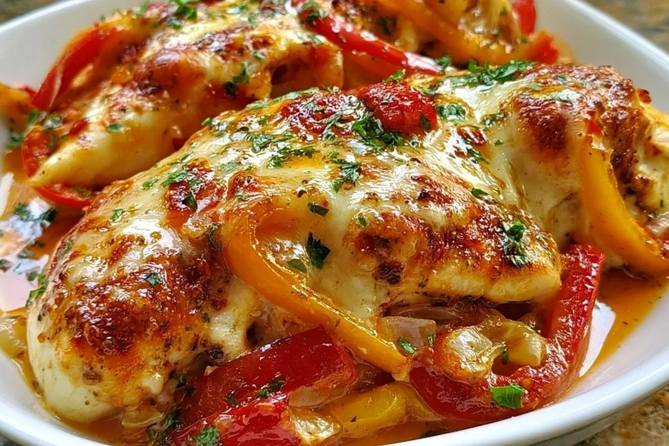 Cheesy baked chicken breast with colorful peppers on a plate