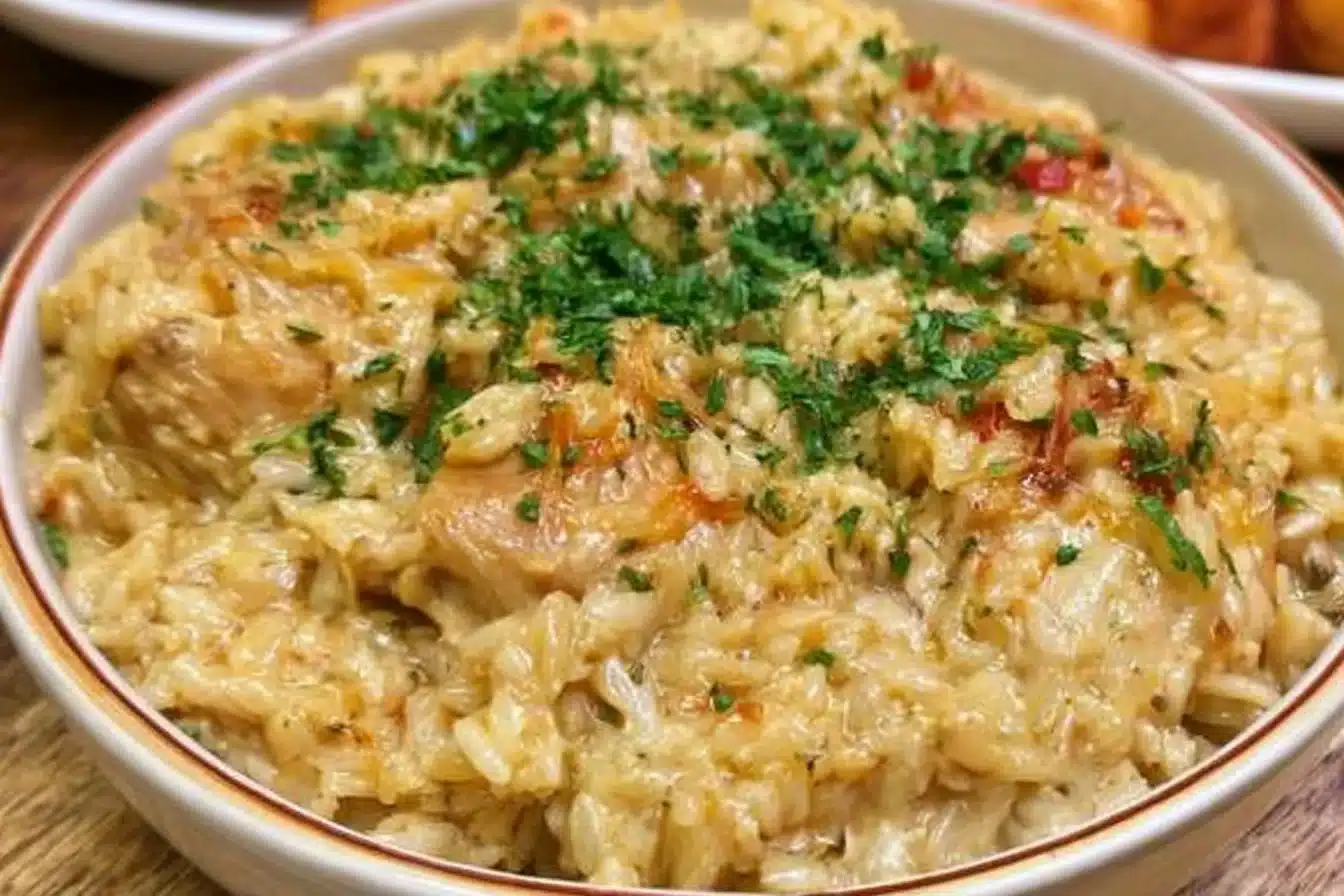 Delicious Chicken Rice Casserole topped with crispy herbs and golden cheese