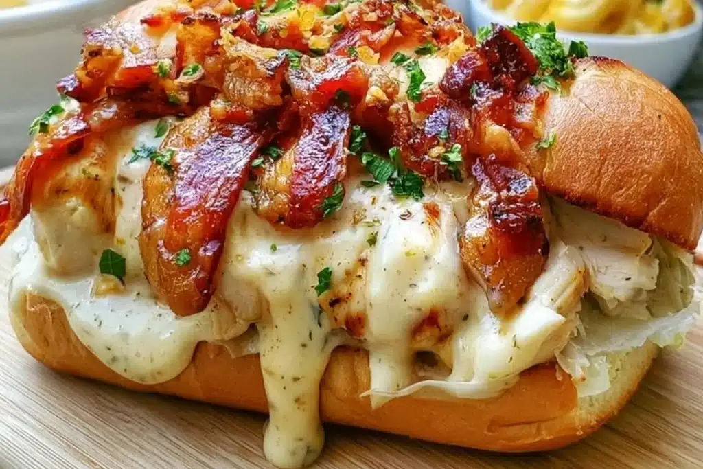 Delicious Chicken Bacon Ranch Sandwich with crispy bacon and fresh ingredients