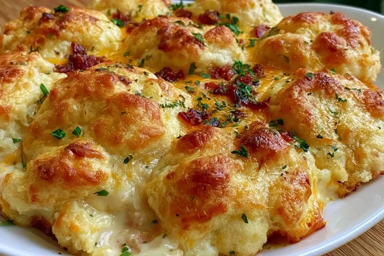 Delicious Chicken Biscuit Bake Casserole in a baking dish ready to serve