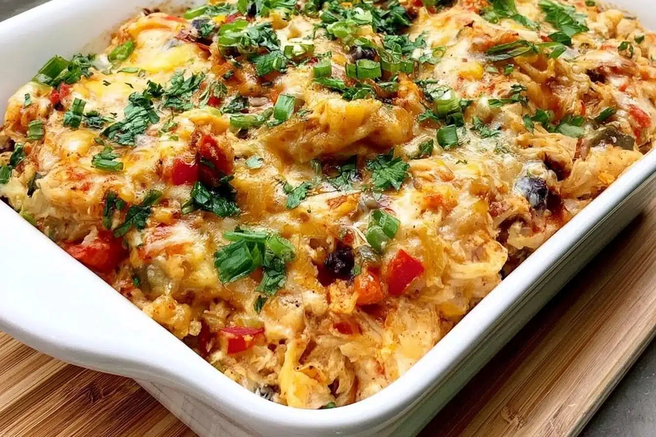 Delicious Chicken Burrito Casserole served in a dish