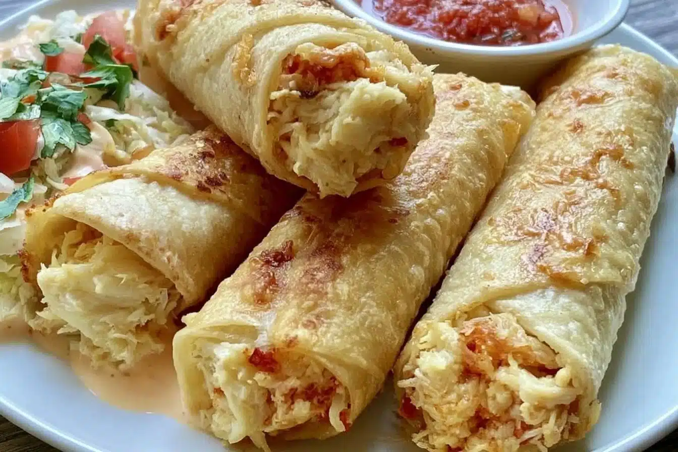 Plate of crispy Chicken Flautas served with salsa and guacamole