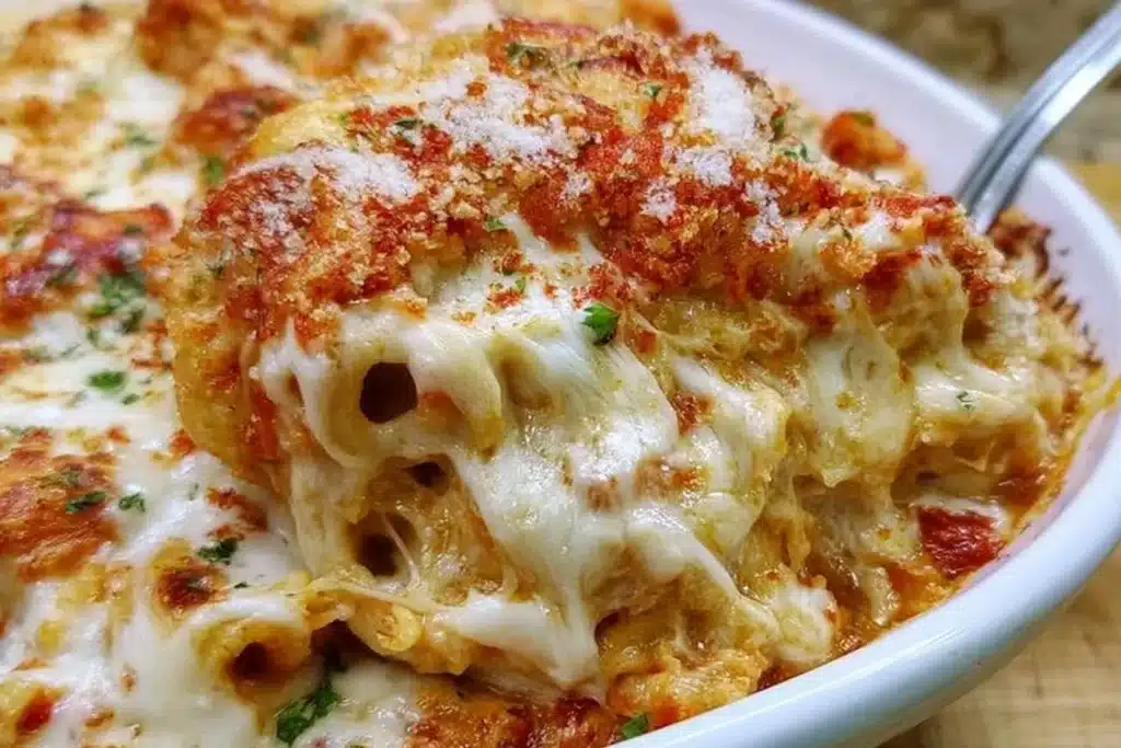 Delicious Chicken Parm Casserole served in a dish, perfect for busy weeknight dinners.