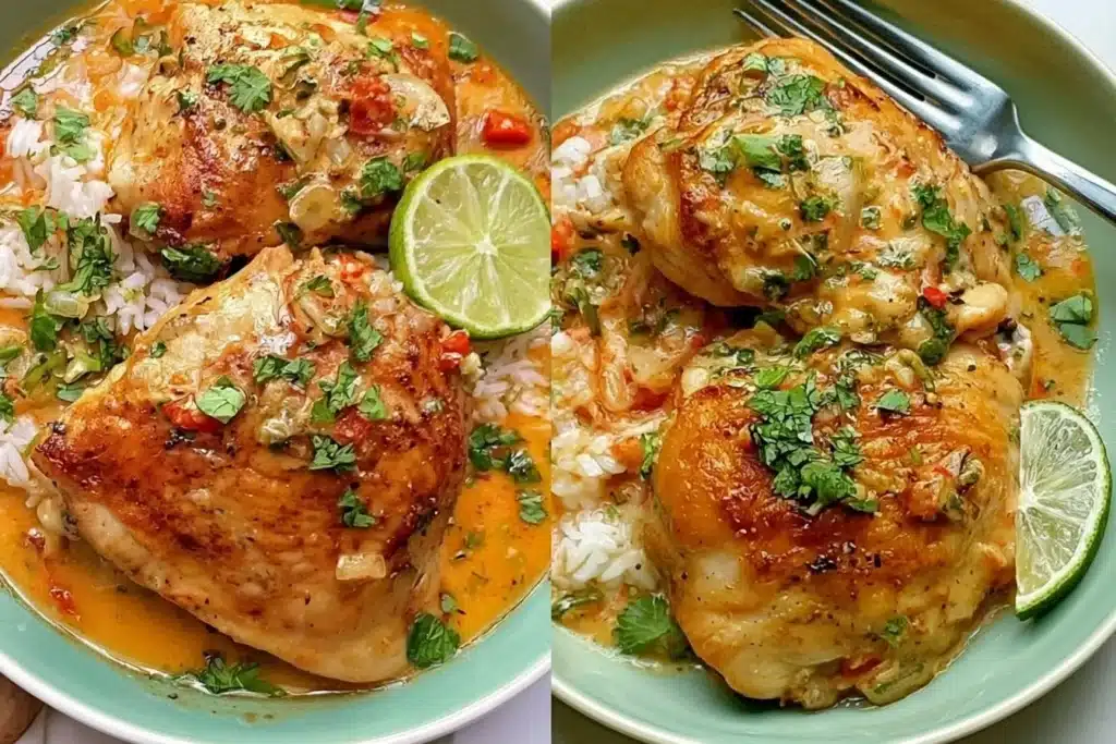 Plate of Coconut Lime Chicken garnished with lime slices and cilantro
