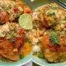 Plate of Coconut Lime Chicken garnished with lime slices and cilantro