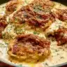 Creamy caramelized onion chicken served on a plate garnished with herbs