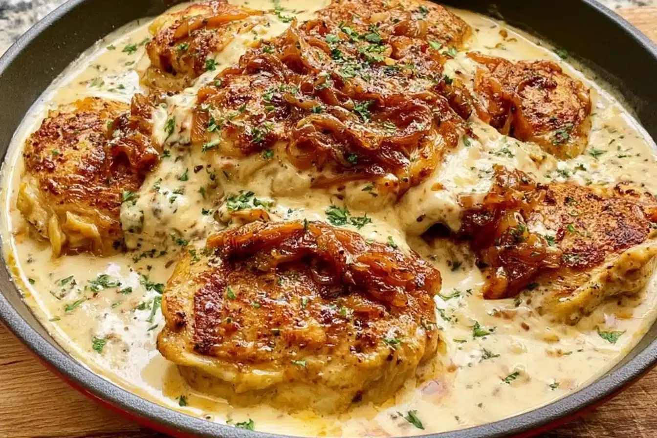 Creamy caramelized onion chicken served on a plate garnished with herbs