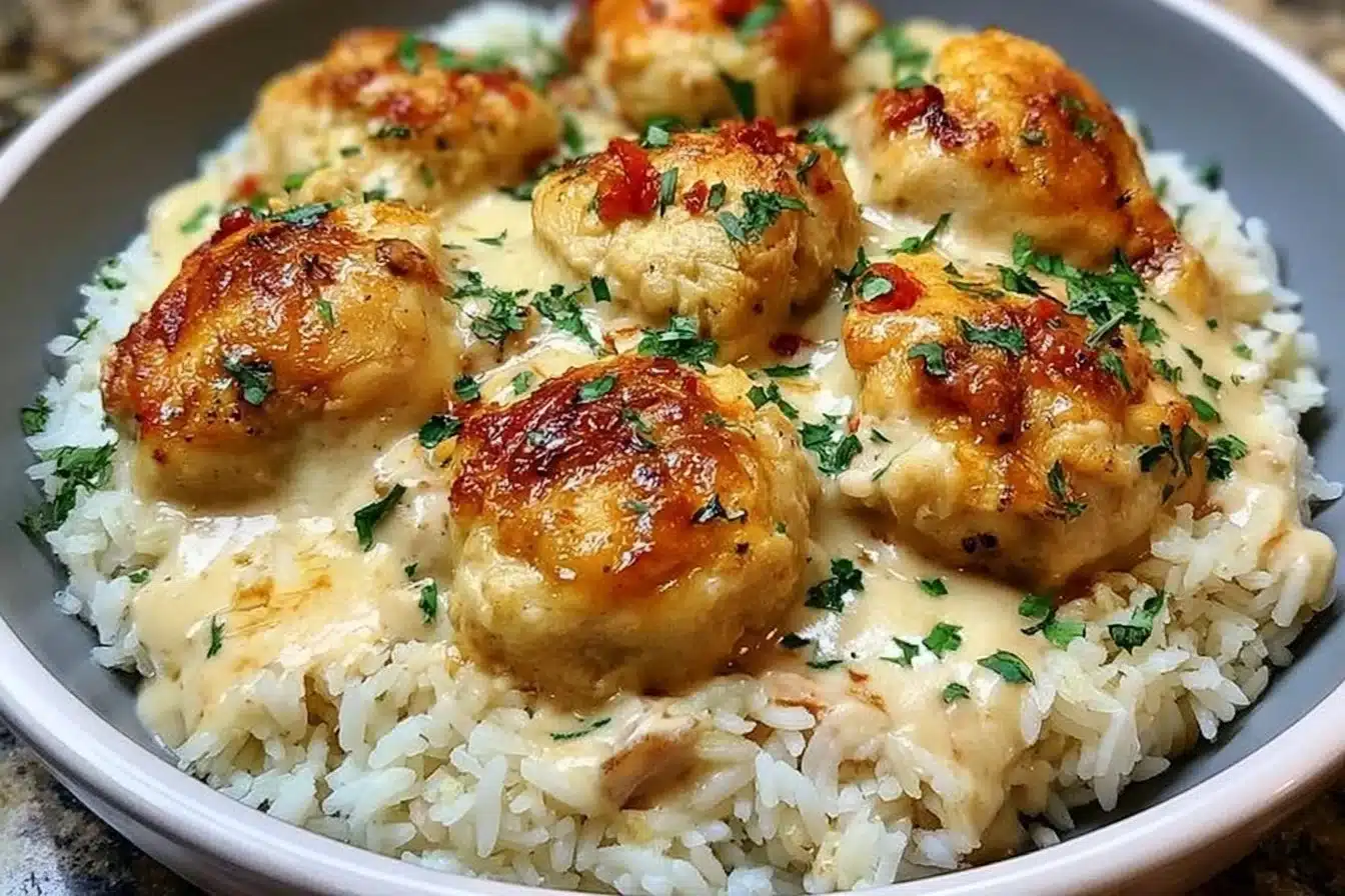 Creamy smothered chicken served on rice with rich gravy