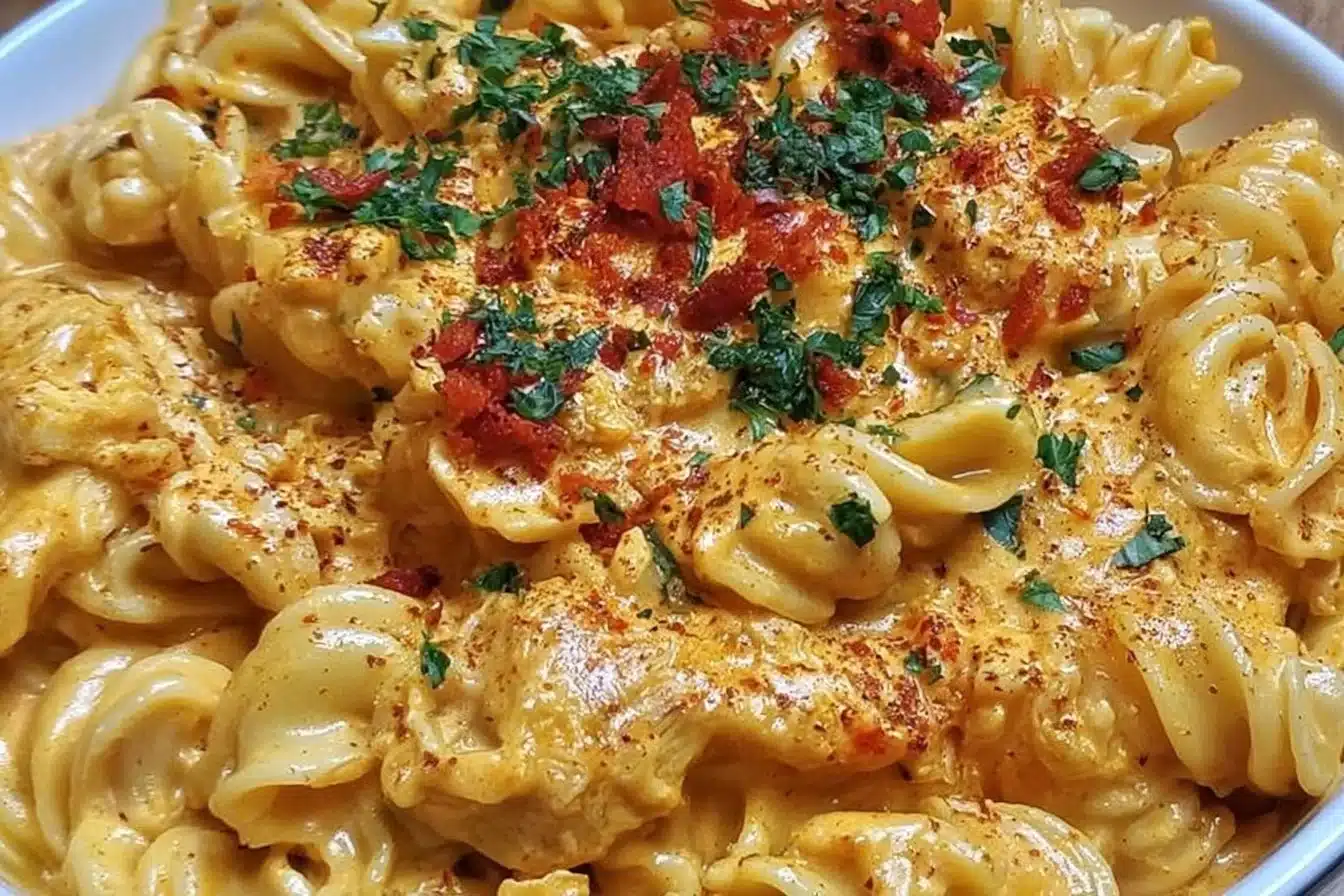 Creamy spicy buffalo chicken pasta garnished with herbs in a bowl