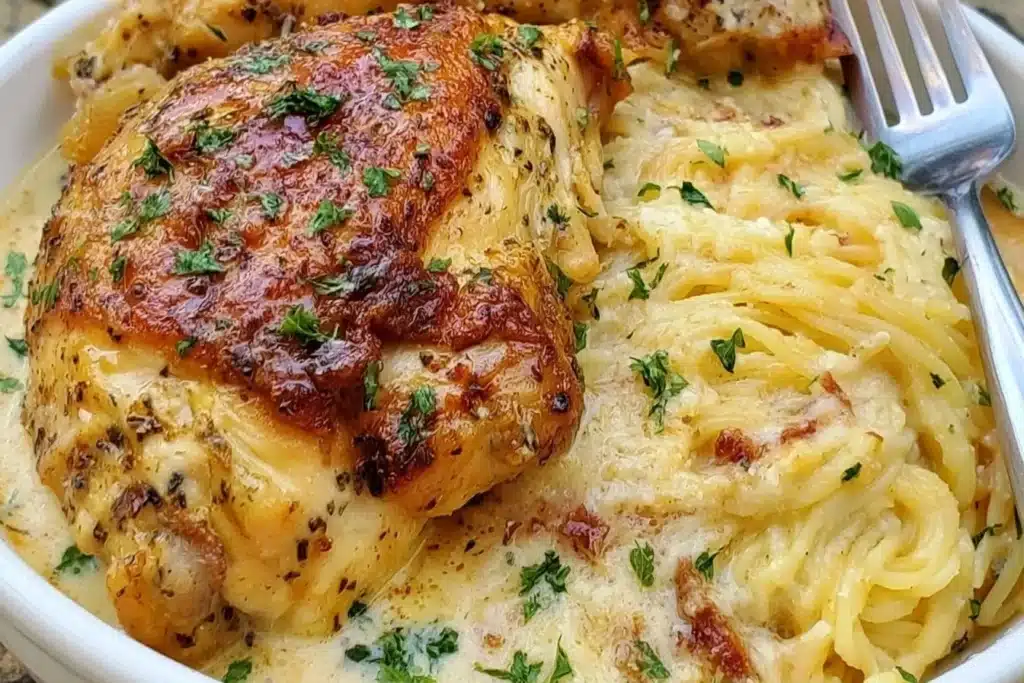 Crock Pot Angel Chicken served on a plate with vegetables