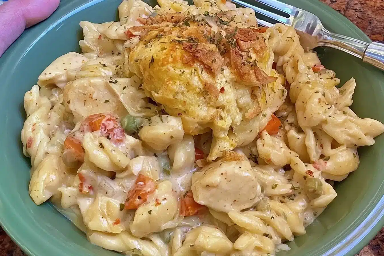 Crock Pot Chicken Pot Pie Pasta served in a bowl with ingredients around it.