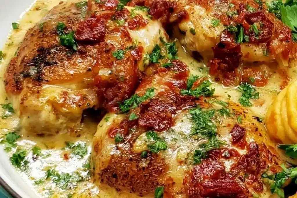 Crock Pot Marry Me Chicken served on a plate with herbs and side dishes