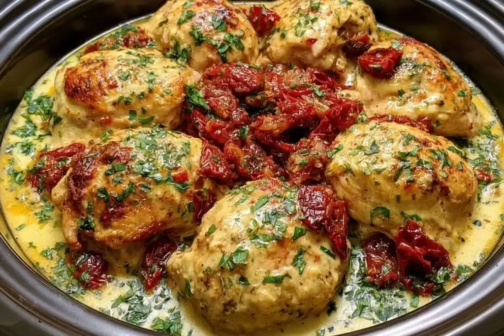 Crockpot Marry Me Chicken recipe with creamy sauce and herbs