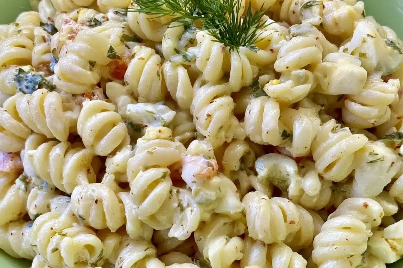 Bowl of Dill Pickle Pasta Salad ready in 30 minutes, perfect for a quick meal.