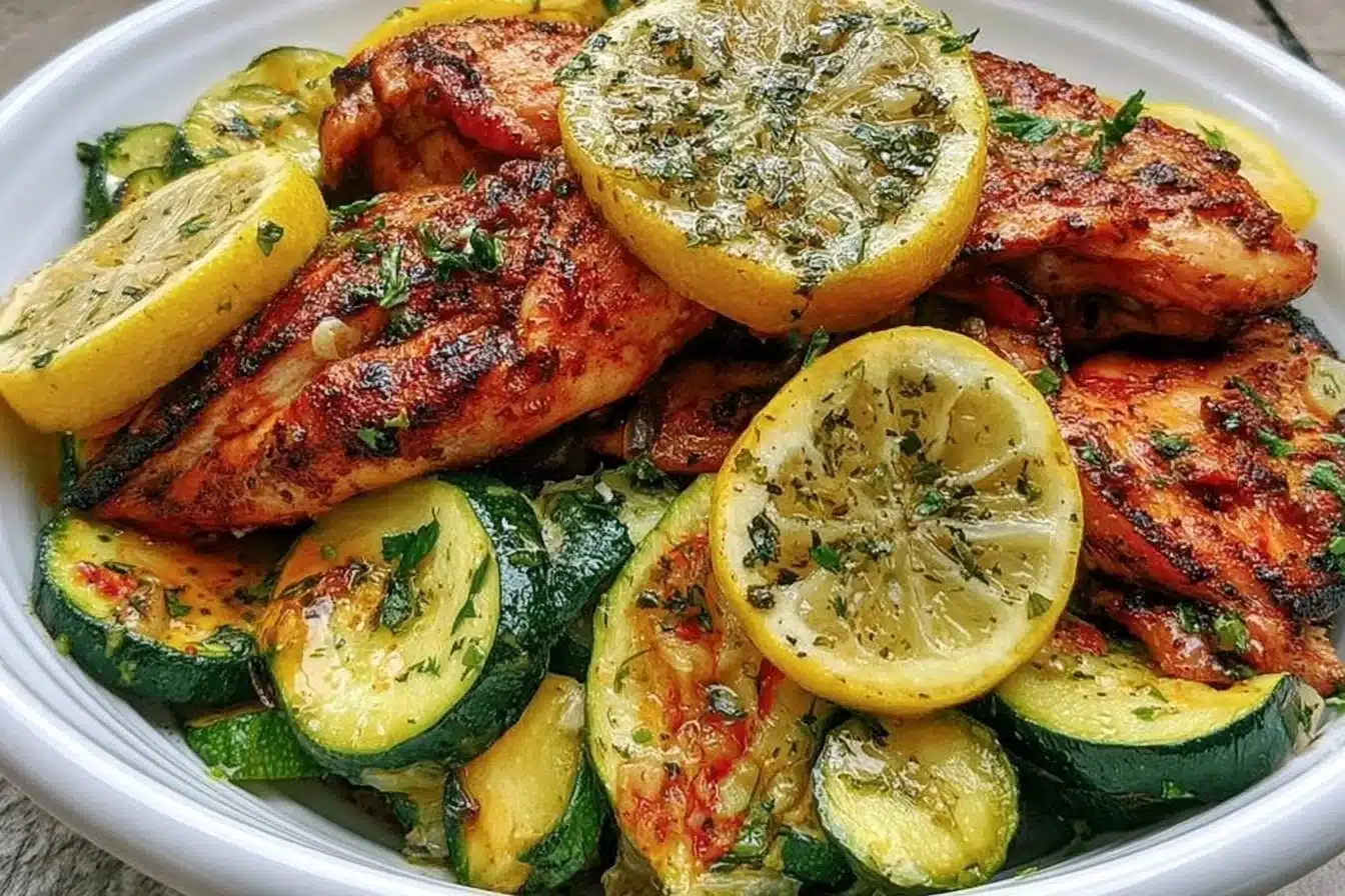 Delicious Asado Chicken served with lemon zucchini sauté on a plate