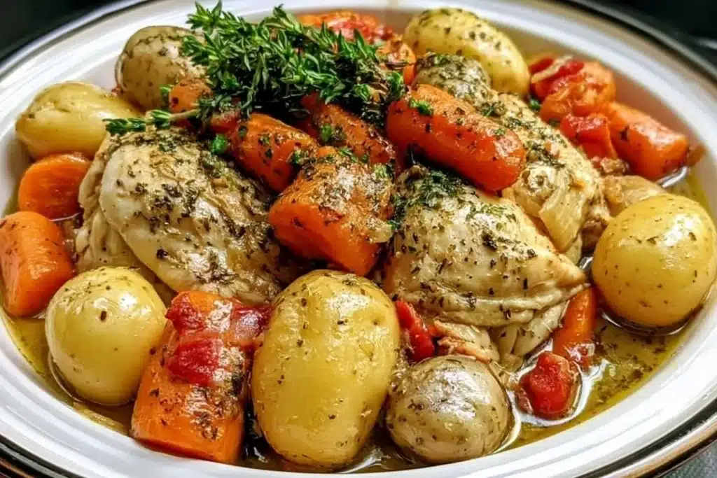 Delicious Crockpot Garlic Herb Chicken with vegetables for a cozy dinner.