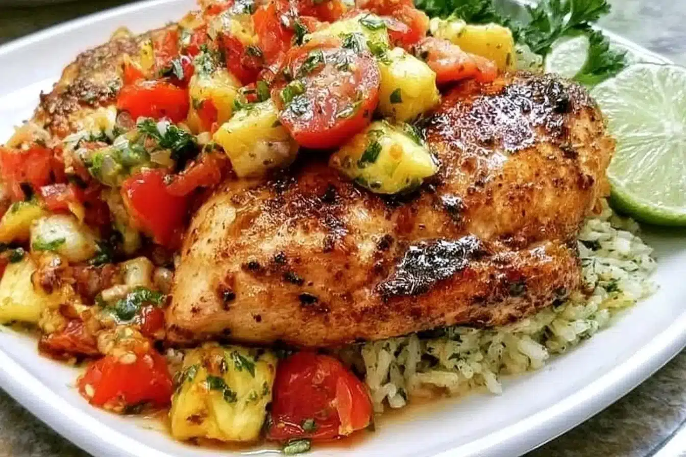Delicious Fiesta Lime Chicken served with lime wedges and fresh cilantro.