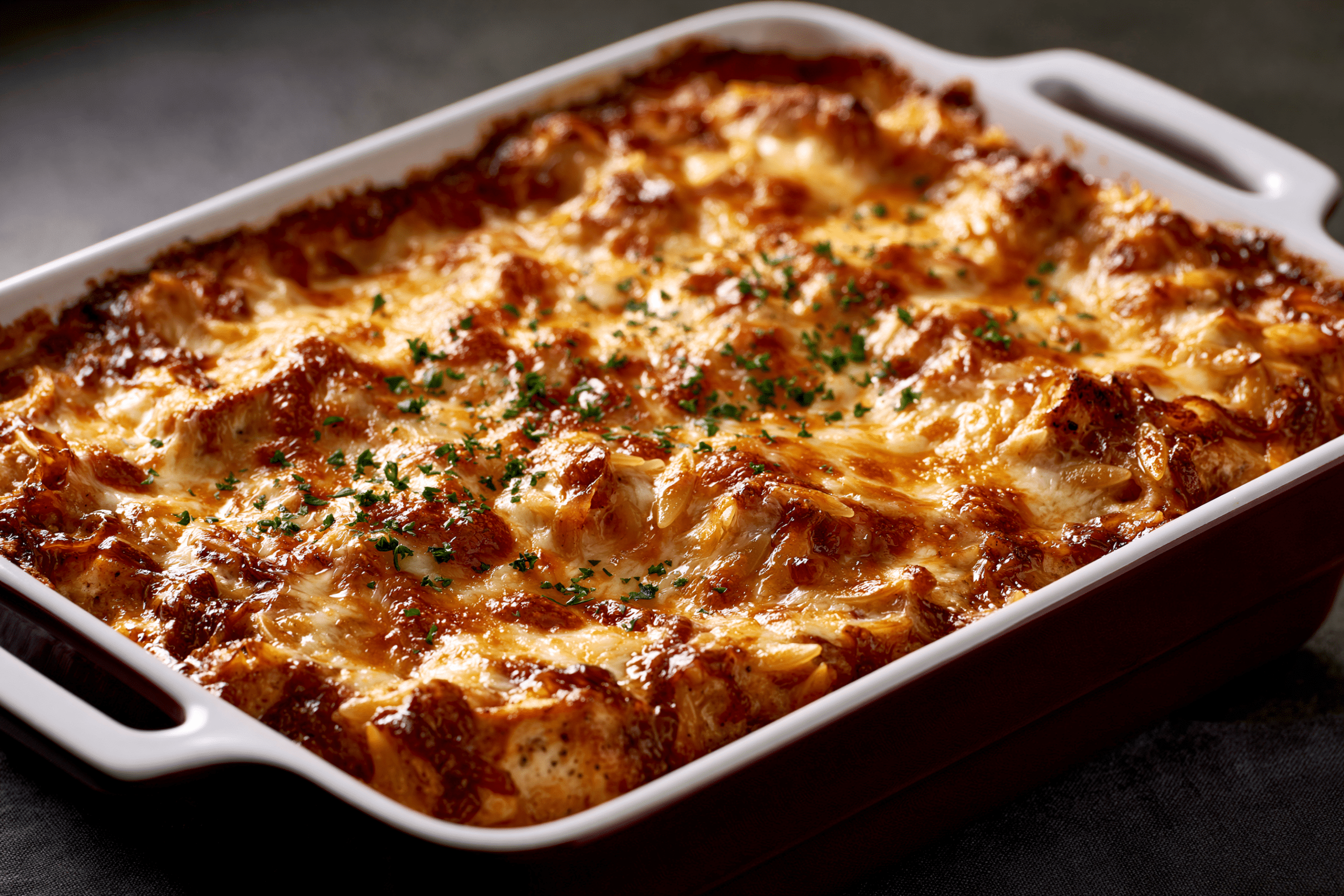 French Onion Chicken Orzo Casserole in a casserole dish, fresh out of the oven, with a golden-brown, bubbly cheese topping.