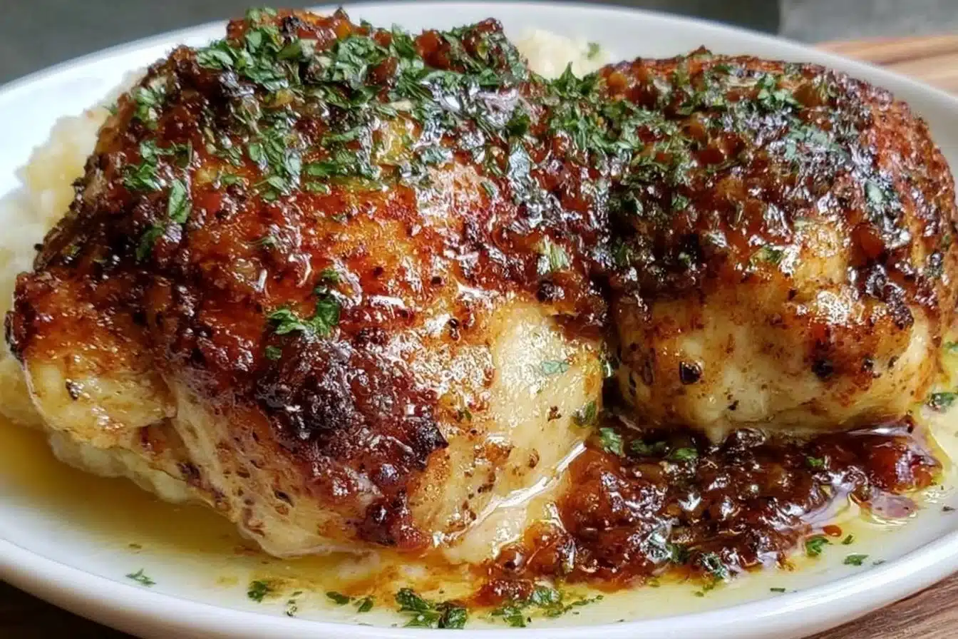 Delicious Garlic Herb Chicken garnished with fresh herbs and garlic