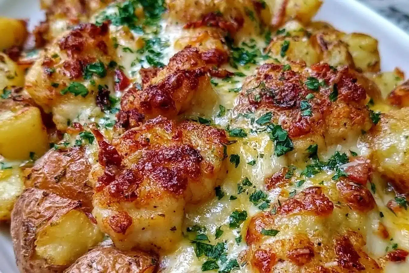 Garlic Parmesan Chicken with crispy potatoes ready for a quick and easy dinner.