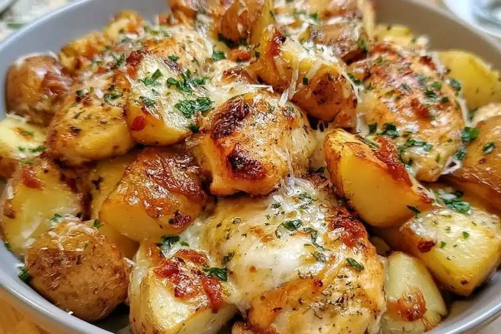Garlic Parmesan Chicken served with roasted potatoes for a weeknight dinner.