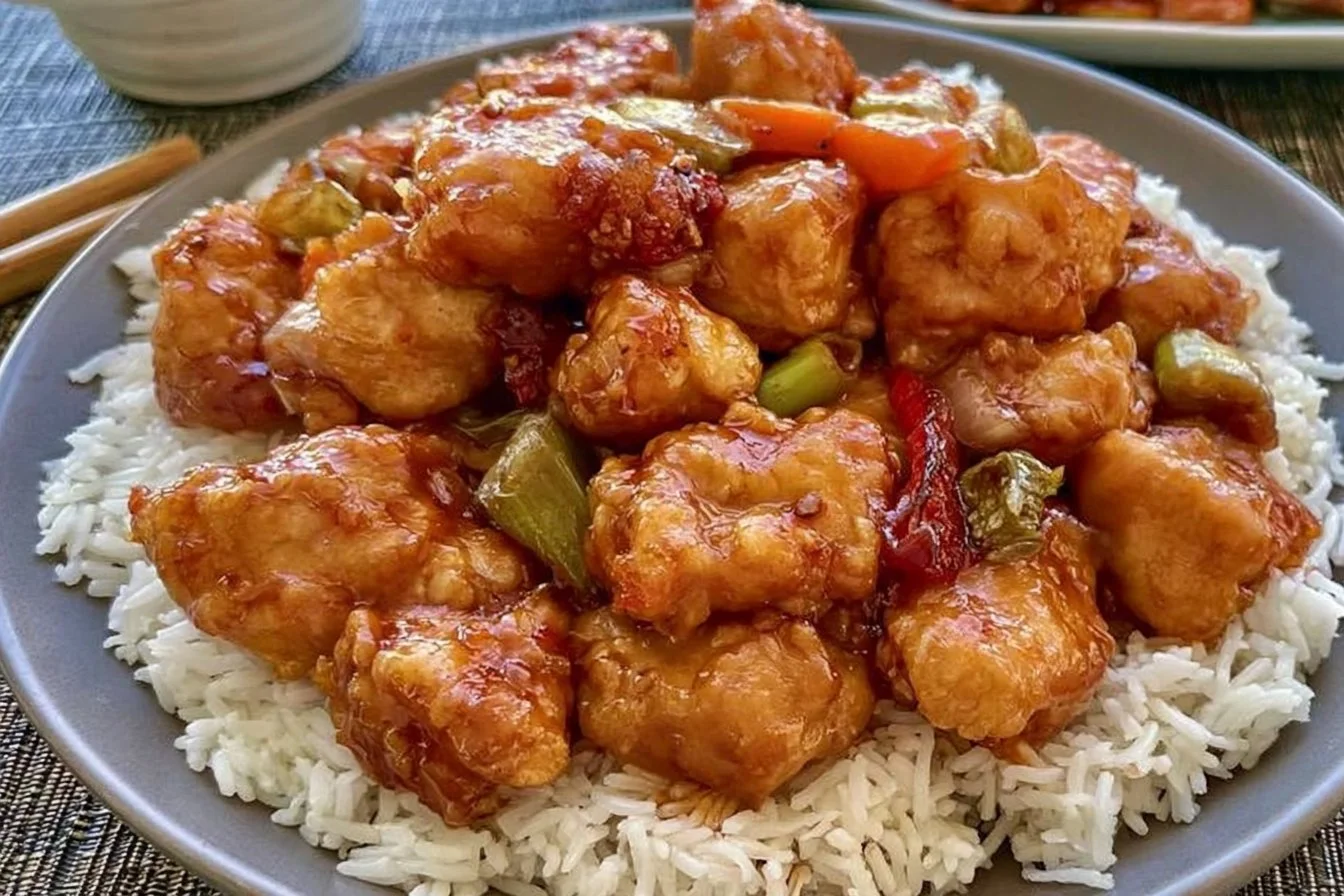 Plate of General Tso's Chicken with broccoli and rice