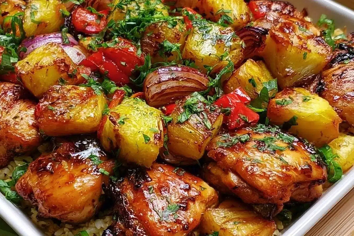 Hawaiian chicken sheet pan dinner with colorful vegetables.
