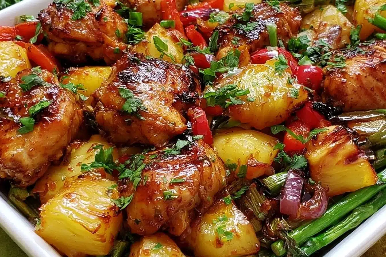 Hawaiian Chicken sheet pan dinner with pineapple and vegetables for quick family meal